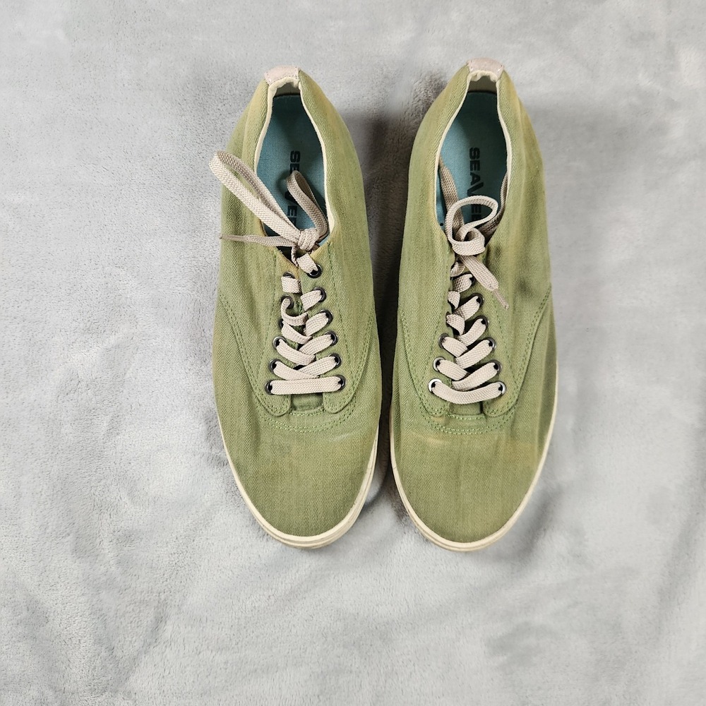 SeaVees Hermosa Plimsoll Surfwash Herringbone Twill Green Sneakers Shoes Men 11